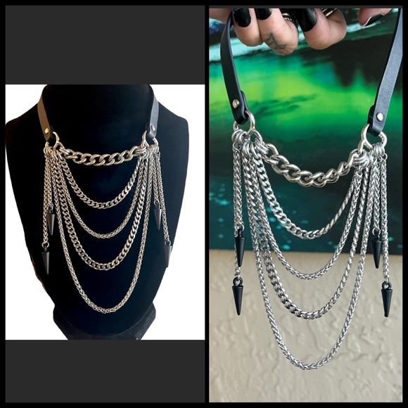 Handmade stainless steel & leather adjustable chain & spikes choker necklace - Picture 2 of 15